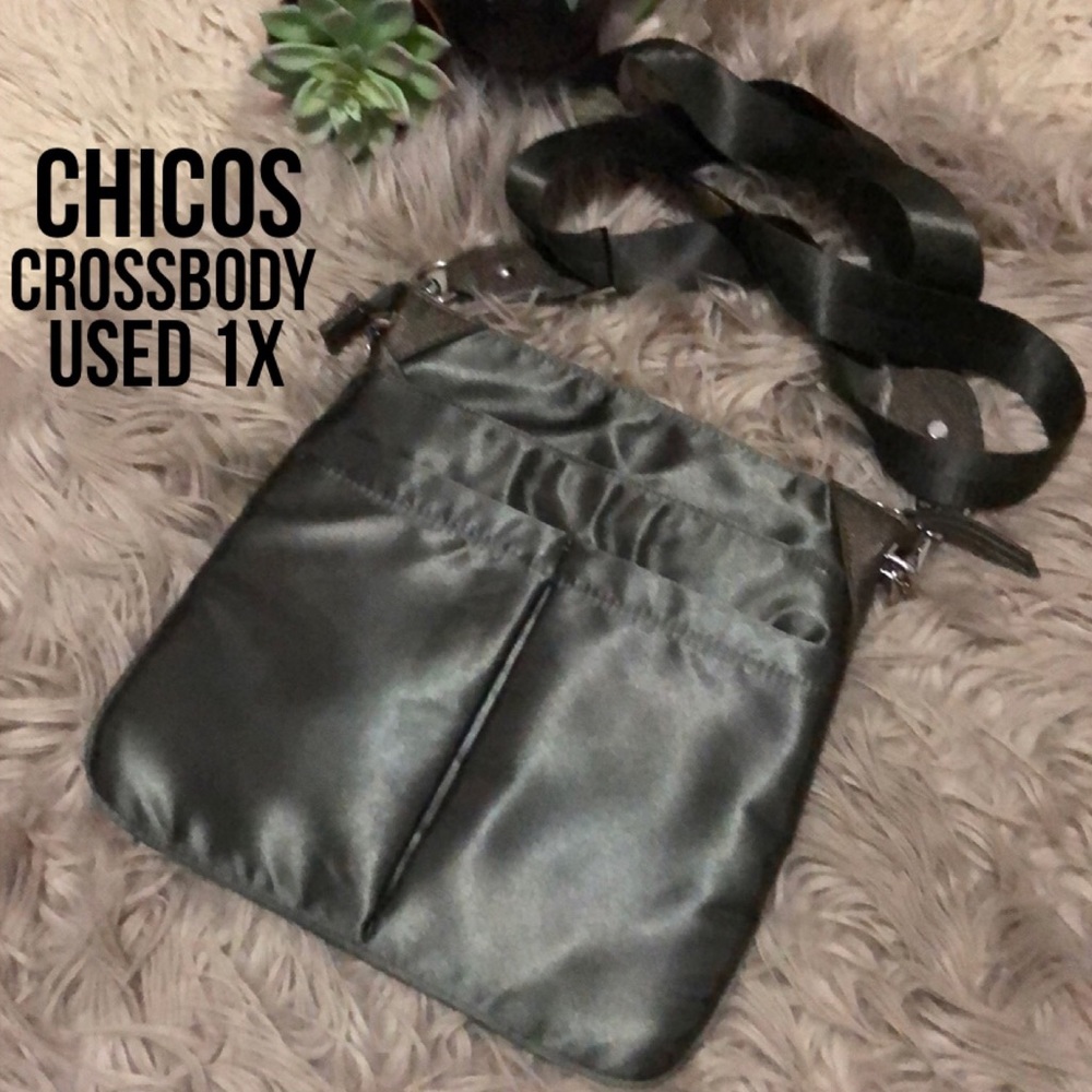 Used 1X-Chicos “Suzie” Crossbody Bag-Olive Green Sateen-11x11-Detachable Strap